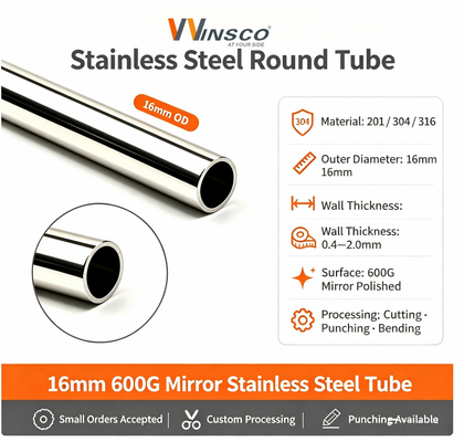 Tubo de Metal Inox de 19 mm TP 201 304 316 Superfície Fosca Espelhada Espessura de Parede 0,4 mm-1,5 mm Tubo Redondo de Aço Inoxidável de 5/8''