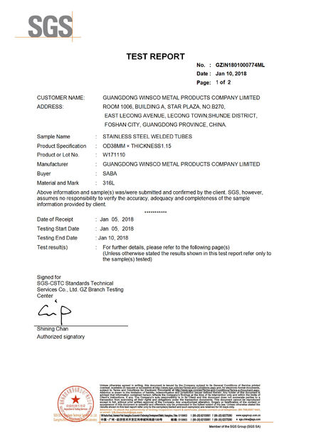 China (GuangDong)Foshan Winsco Metal Products Co., Ltd. Certificações