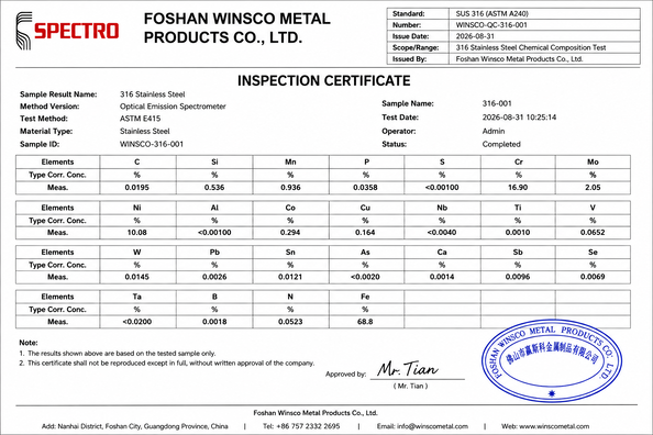 China (GuangDong)Foshan Winsco Metal Products Co., Ltd. Certificações