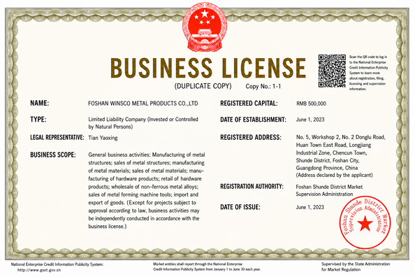 China (GuangDong)Foshan Winsco Metal Products Co., Ltd. Certificações